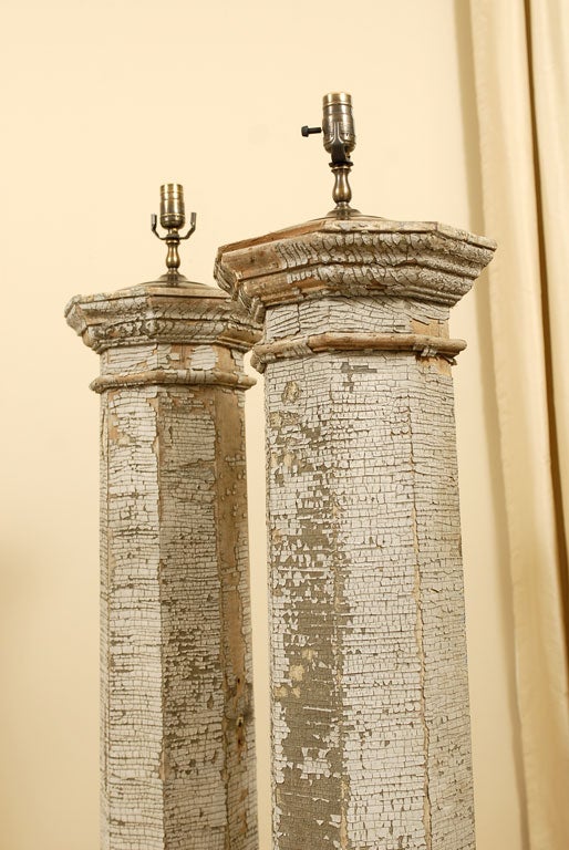 Pair of HUGE Column Floor Lamps with crazed Blue/Grey Paint